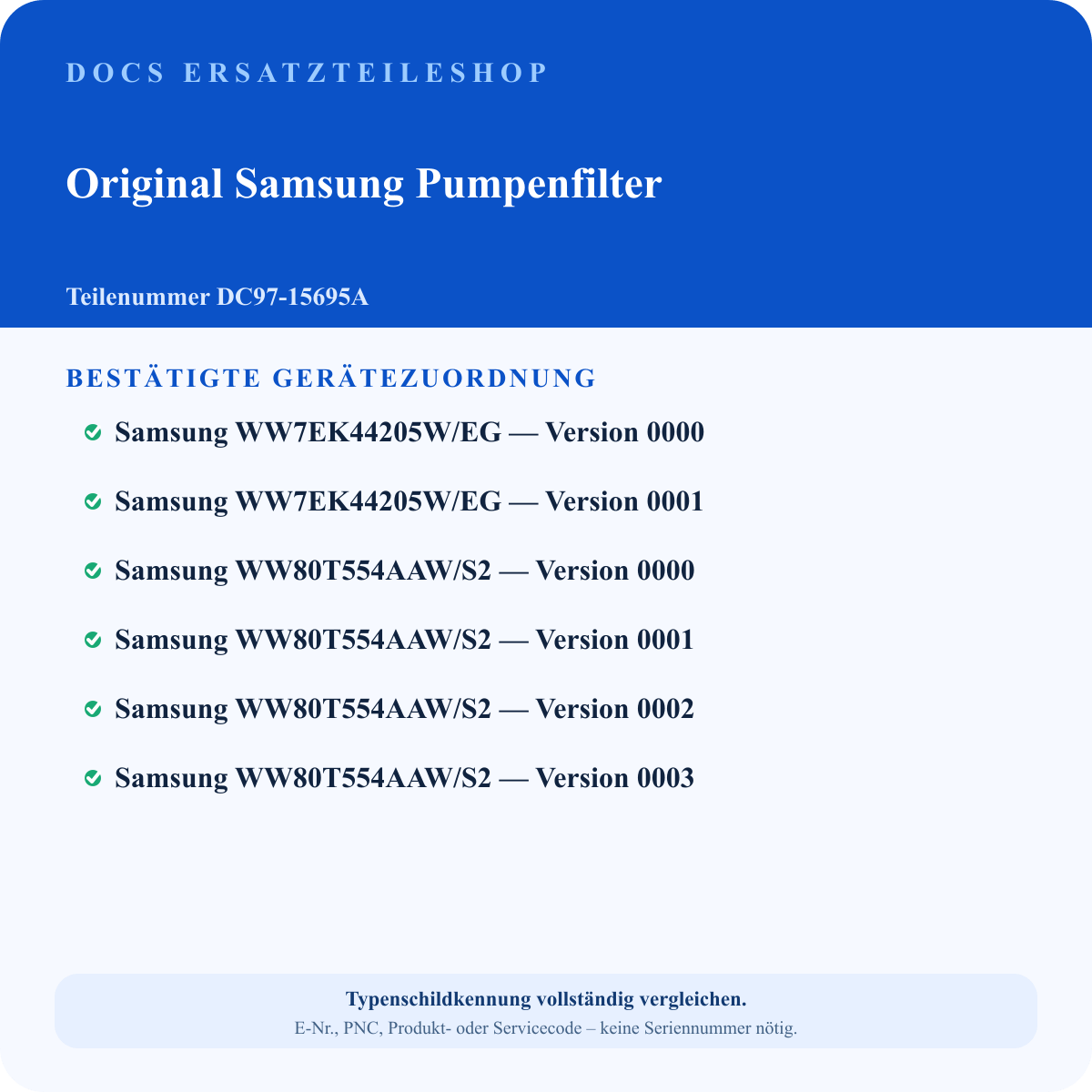 Geprüfter Passungsauszug für Samsung Pumpenfilter DC97-15695A – 6 bestätigte Geräteversionen