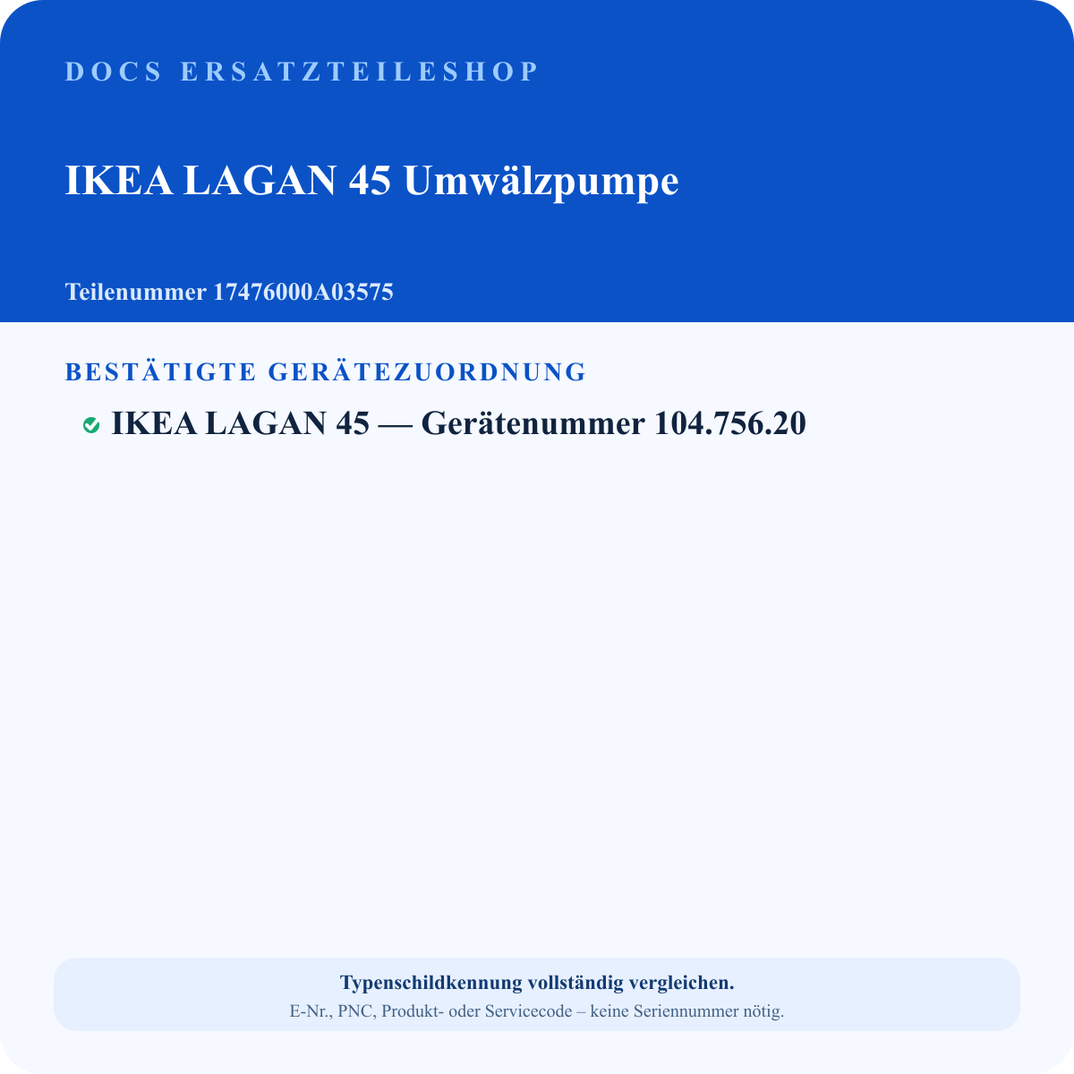 Geprüfter Passungsauszug für IKEA LAGAN Umwälzpumpe 17476000A03575 – Gerätenummer 104.756.20