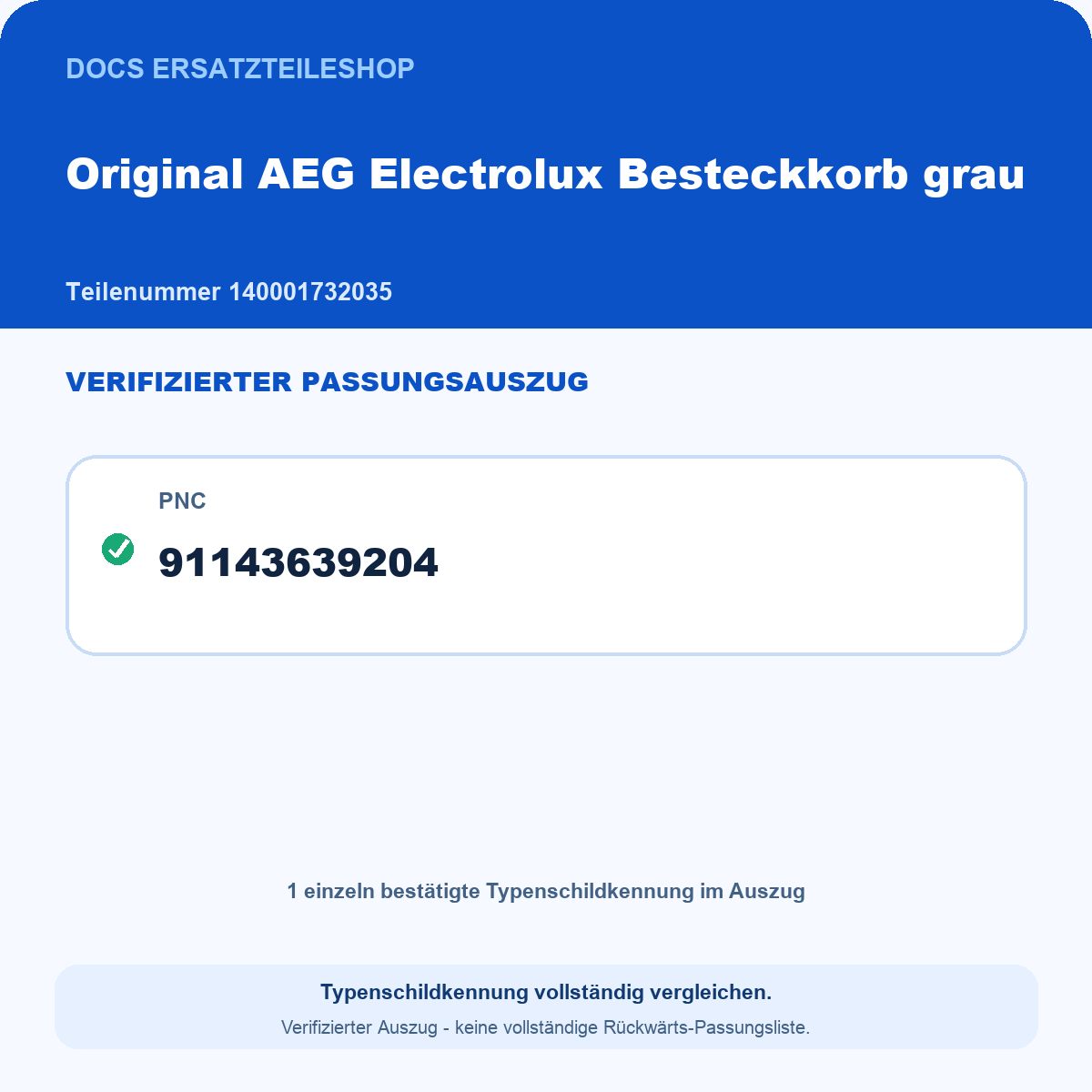 Passungskarte 140001732035 – verifizierter Auszug: PNC 91143639204