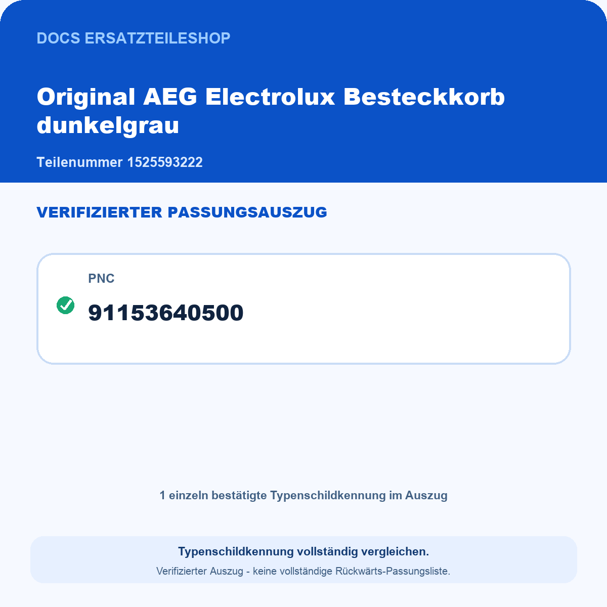 Passungskarte 1525593222 – verifizierter Auszug: PNC 91153640500