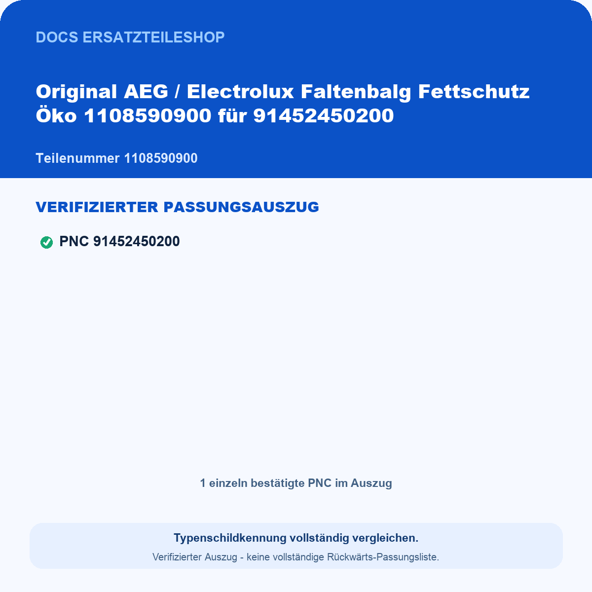 Verifizierter Passungsauszug 1108590900 - PNC 91452450200