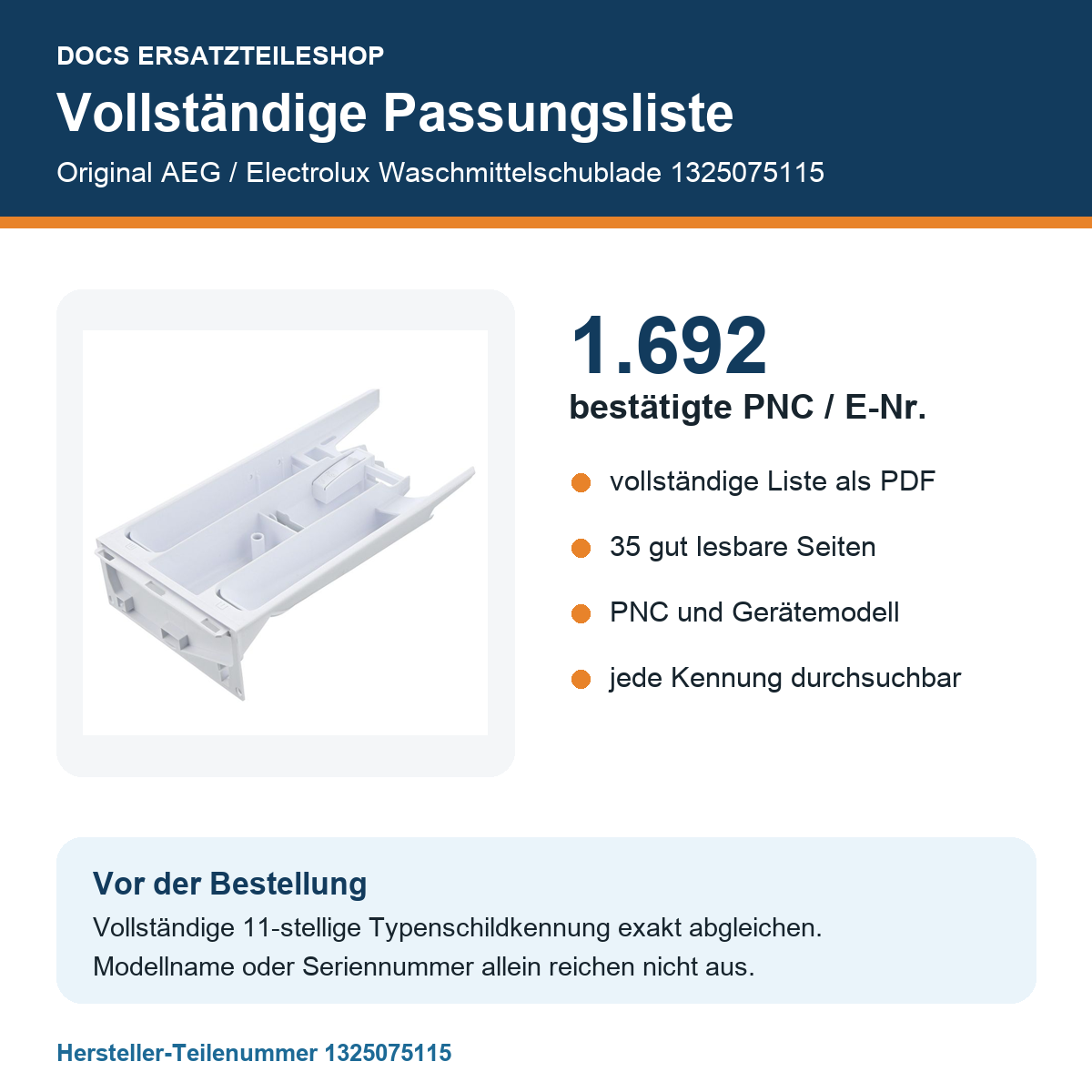 Vollständige Passungsliste als PDF – 1.692 bestätigte PNC/E-Nr. für Original AEG/Electrolux 1325075115