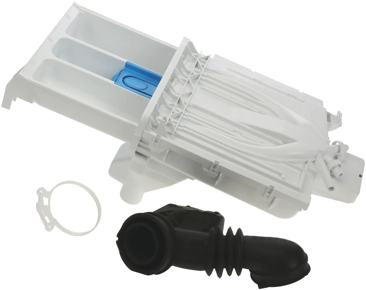 Bosch Siemens Reparatursatz 11056324 mit Einspülgehäuse, Schublade, Schlauch und Schelle – Schrägansicht
