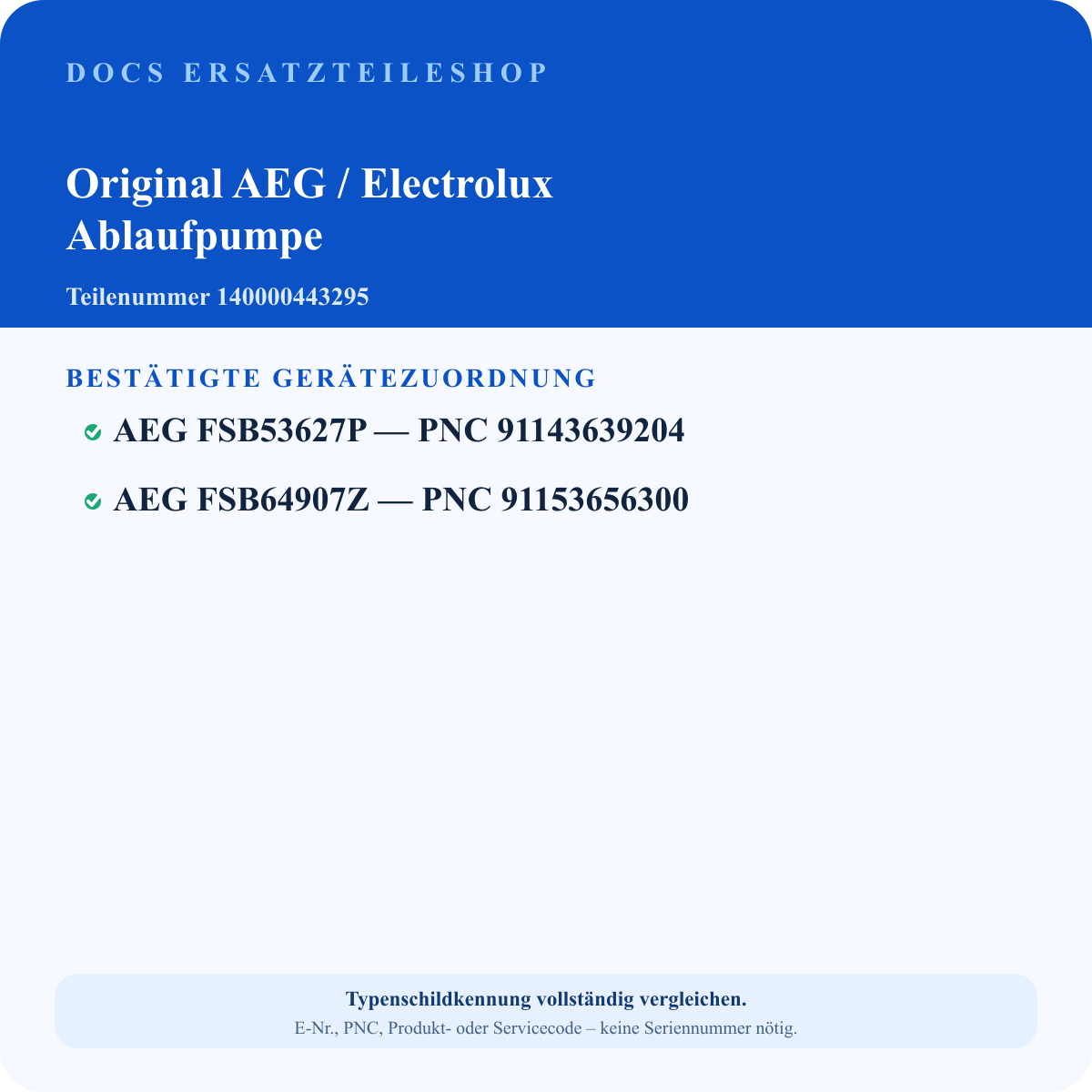 Geprüfter Passungsauszug für AEG Electrolux Ersatzteil 140000443295 – 2 bestätigte PNC