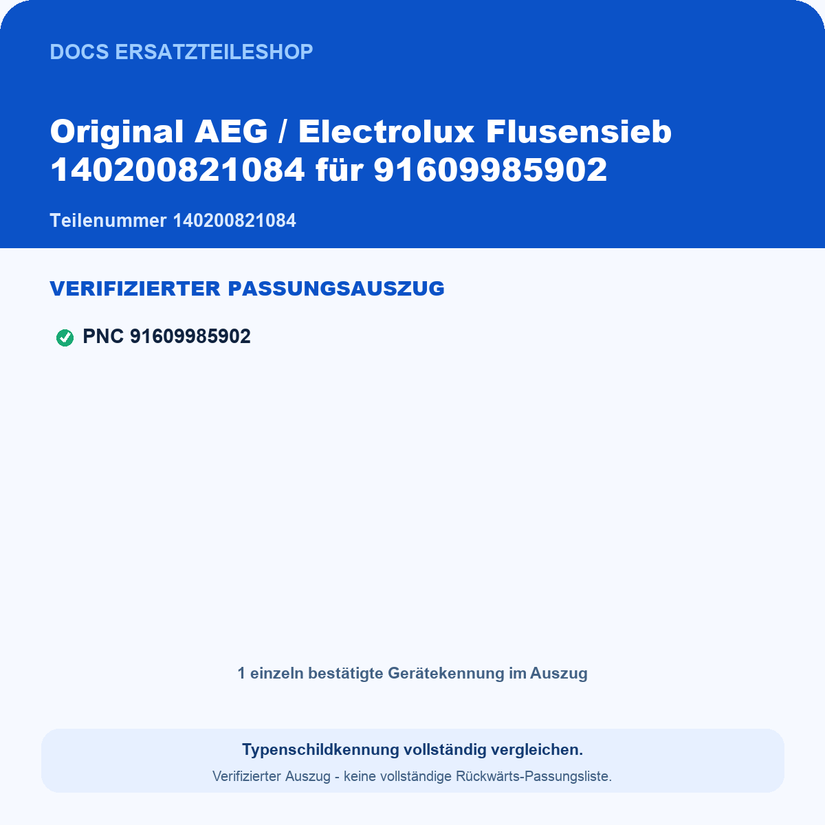Verifizierter Passungsauszug 140200821084 – 1 geprüfte Gerätekennungen