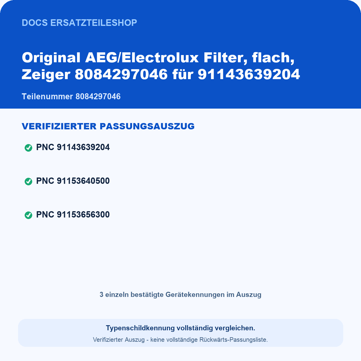 Verifizierter Passungsauszug 8084297046 – 3 geprüfte Gerätekennungen