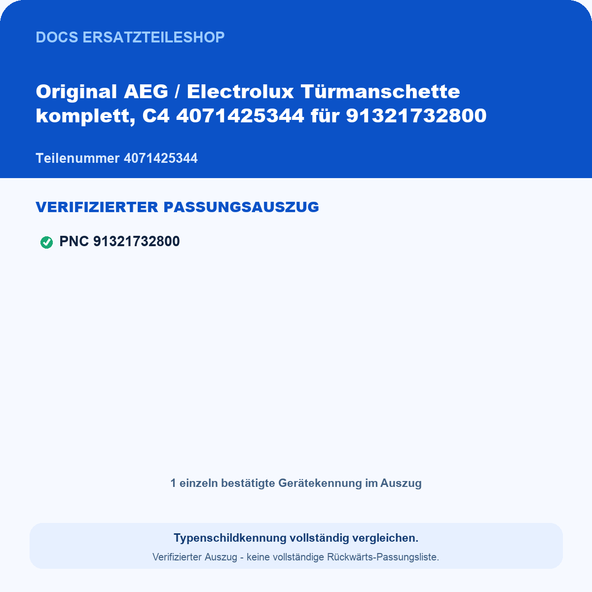 Verifizierter Passungsauszug 4071425344 – 1 geprüfte Gerätekennungen