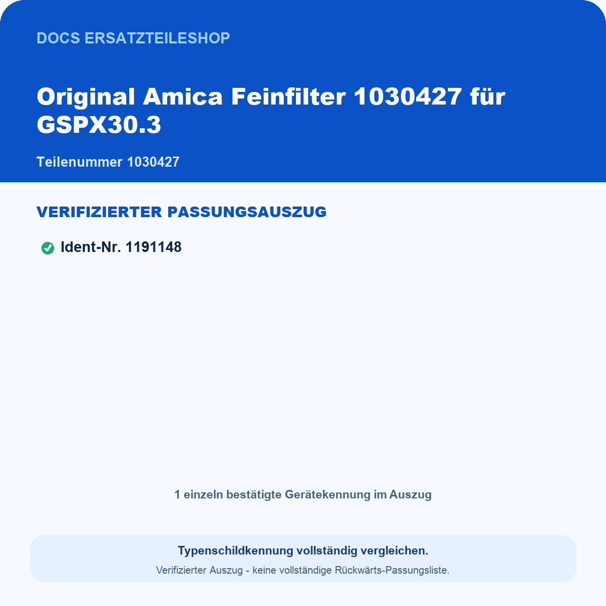 Verifizierter Passungsauszug 1030427 – 1 geprüfte Gerätekennungen
